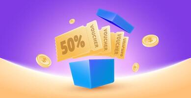 Opened gift box with discount codes flying around in order, blue gift box, with many discount codes vector