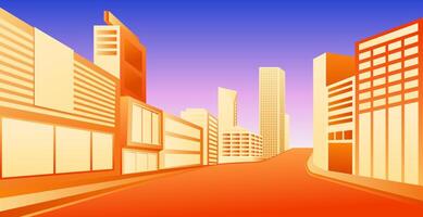 Highway empty road into the city with modern buildings on both sides of the road vector