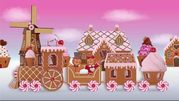 valentine's day animation with gingerbread train walking on a sweets landscape. valentine animation with gingerbread cookies and sweets video