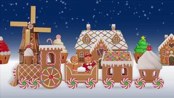 christmas animation with gingerbread train walking on a sweets landscape. christmas animation with gingerbread cookies and sweets video