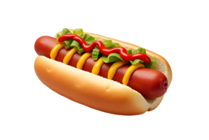 Classic hot dog with a zigzag of mustard on a soft bun isolated on transparent background png