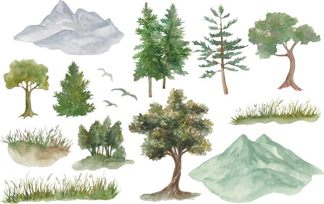 Watercolor set with pine trees, fir trees, mountains, and grassy landscapes. Hand drawn illustration.