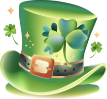 A very cute leprechaun hat with a shamrock, isolated on background, with a charming and whimsical style. Clover leaf, a symbol of good luck. St. Patrick's Day concept. png