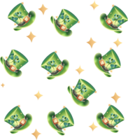 Seamless pattern with Cute Leprechaun Hat. With sparkling light. Irish celebration. Comes with green shamrock. Isolated on Background. St Patrick's Day. png
