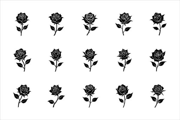 Black Rose Silhouette Set - Elegant Floral Illustrations with Detailed Leaves and Petals for Romantic, Nature, and Botanical