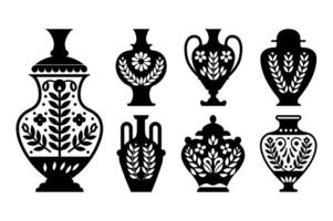 Decorative Pot with Laurel Leaves Silhouette Set Elegant Vase Illustrations for Ancient Art, Home Decor, Vintage Classical Designs, Logos, Stickers, Sublimation, Illustration vector
