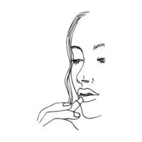 vertical drawing of a part of a woman face that paints her lips with lipstick - line art drawing vector