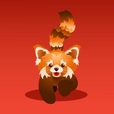 Red panda, cartoon hand drawn illustration on red background and gradient shape like collage applique, Ailurus fulgens animal for childrens, poster, banner, label and other product
