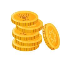 Hanukkah coins with Jewish symbols Magen David and Menorah. Hand drawn flat style isolated. Happy Hanukkah icon elements vector