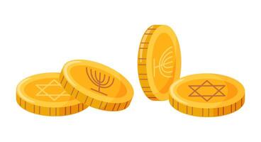 Hanukkah coins with Jewish symbols Magen David and Menorah. Hand drawn trendy flat style isolated Happy Hanukkah icon. elements vector