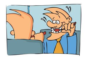 Cartoon funny man brushing his teeth in front of the mirror vector