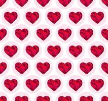 Seamless pattern. Geometric shapes. Abstract motifs. Red diamond low poly faceted hearts. Pink circles. Modern style. Romantic theme. For fabric print, wrapping paper, wallpaper, background. vector