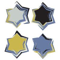 Dynamic six-pointed star frames with expressive brushstroke design. Vibrant color palette including gray, black, yellow, and blue for a modern aesthetic. Abstract style ideal for creative contemporary vector