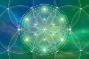 Sacred geometry, Flower of life. Mystical lotus spiritual new age futuristic illustration with transmutation interlocking circles, bright neon sign, symbol of harmony and balance, blurry background vector