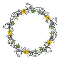 Hand Drawn Colorful Round Frame With Spring Flowers vector
