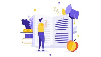 Education Concept book reading animation, animation book with a pile of books and a man reading to get concept ideas suitable for learning and graduating. 2d animation video