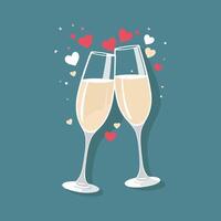 Valentine's Day flat design featuring two champagne glasses clinking, tiny floating hearts vector