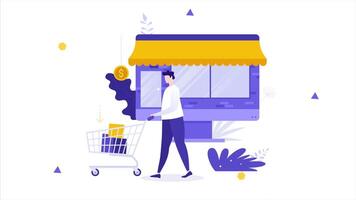 online shop 2d animation concepts, Using trolleys for women, and buying products online. E-commerce 2d animation concept. video