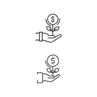 Simple line art illustration of two hands holding a plant with a dollar coin at its top. vector