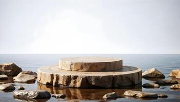 Circular stone podium in calm water at dusk product showcase concept photo