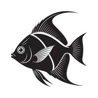 black and white illustration, stylized tropical fish, side view, sharp fins, detailed scales, graphic design, silhouette, contrasting white lines, bold contours, vector