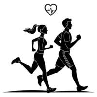 A silhouette of a couple running with a heart symbol and athletes in motion vector