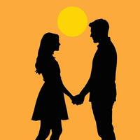 Silhouette of a couple holding hands in front of a sunset vector