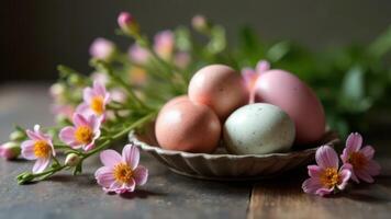 Still life of various colorful Easter eggs with delicate pink flowers on a rustic table photo