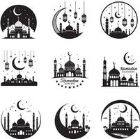 Hanging Lanterns and Crescent Moon Silhouette vector