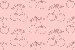 Cherries continuous one line seamless pattern background. Cherry contour line minimalist graphic over light pink backdrop vector