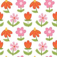 Seamless pattern background with simple hand drawn flat bright spring flowers over white background. Cute childish springtime print vector