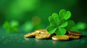 Close-Up of a Four-Leaf Clover with Gold Coins on a Vibrant Green Background for Luck and Wealth photo