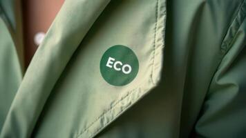 Green circle sticker with white text reading ECO. Pinned to lapel of tan trench coat. photo
