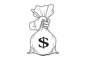 Line art illustration of a hand holding a money bag with dollar symbol. Suitable for describing work wages, salary payments and finances. vector