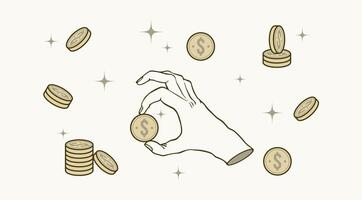 illustration of a hand gesture catching or holding coin. It can be used to describe saving money management, payment, financial planning, saving, business. vector