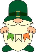 St. Patrick's Day, leprechaun with a long beard, garland of paper flags in his hands, flag of Ireland, retro vintage style, flat icon isolated on a white transparent background vector