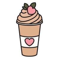 A drawing of a coffee in a plastic cup topped with cream and a strawberry. vector