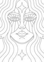 Psychedelic Abstract Woman Coloring Page with Geometric Patterns and Flowing Hair vector