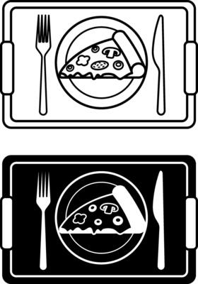 Cafeteria Icons. Black and White Drawings. Tray with Food and Cutlery. Pizza, Fork, Knife, and Plate. Restaurant Concept