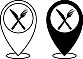 Restaurant Location Icons. Black and White Drawings. Geolocation, Fork and Knife. Place To Eat vector