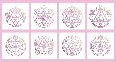 Set of mystical sacred geometric symbols. Linear alchemy, occultism, philosophical signs. Illustration in boho style. vector