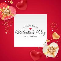Valentine day banner with hearts and gift boxes on red background vector