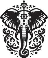 Intricate Black and White Elephant Head Tattoo Design with Decorative Elements vector