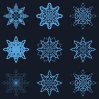 Set of different snowflakes isolated on Deep blue background. Macro photo of real snow crystals. Snowflake symbols. Snow icon. Christmas icon set. illustration vector