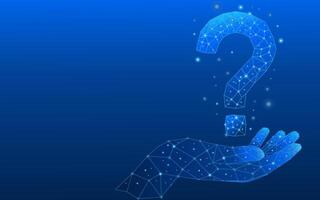 Abstract electric blue digital question mark floating over digital palm. vector