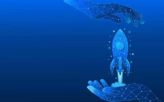 Digital rocket in the middle of two digital hands entrepreneurship concept. vector