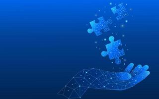Digital jigsaw puzzle hologram in the palm of a hand. vector