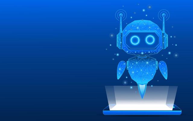 Abstract 3D digital AI robot floating over cellphone.