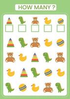How many counting game with toys. Count all toys and write number into box. Worksheet for preschool kids. Printable worksheet. Illustration. vector