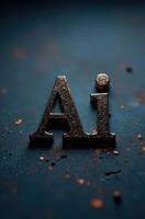 Metallic ai letters resting on dark blue surface with copper flakes photo
